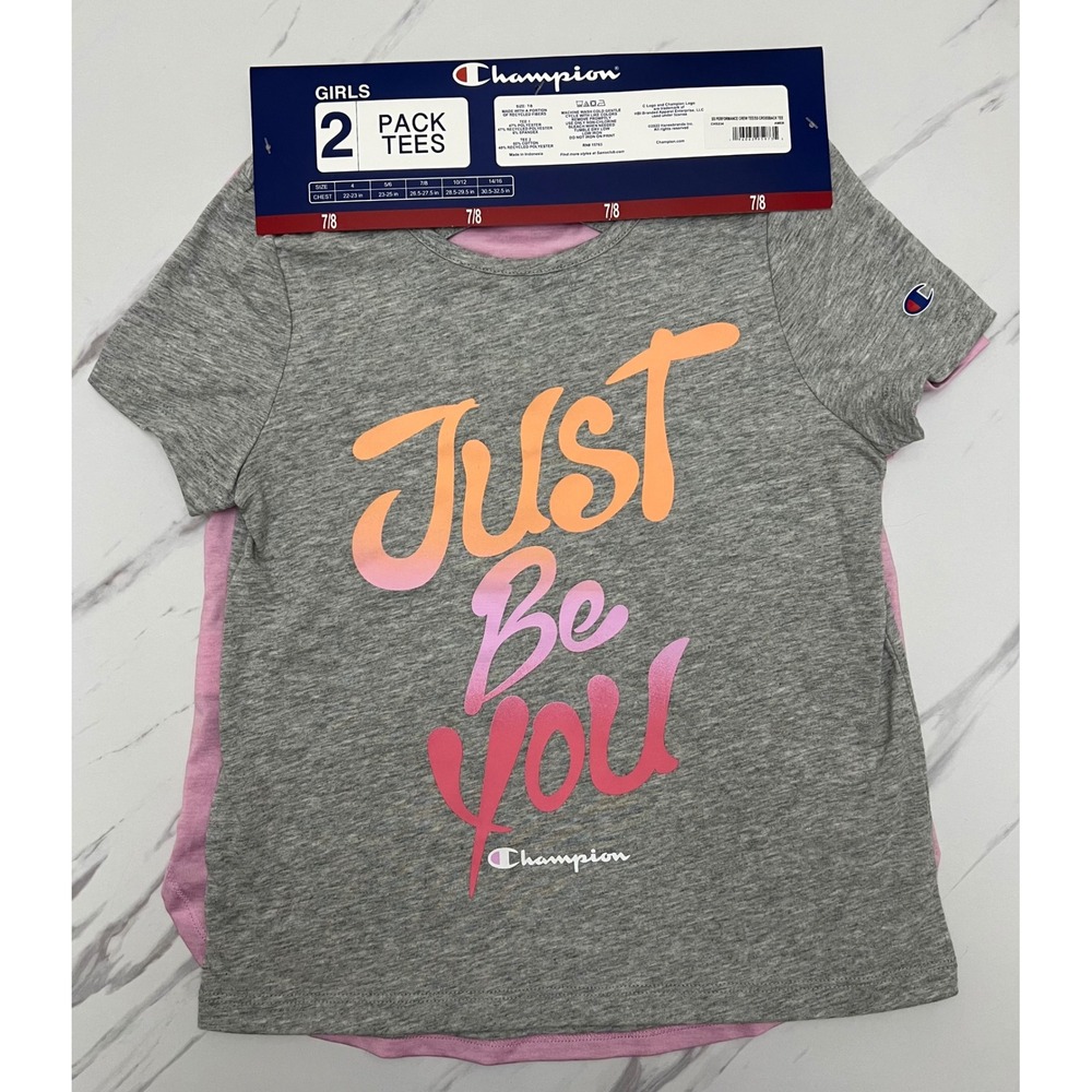 Champion Girls 2 Pack Performance Crew Tees Gray Pink Just Be You Size 7/8 NEW
